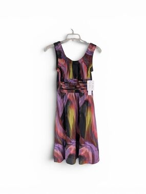 NWT Nicole Miller Multicolor Abstract Sleeveless Dress with Shirred Waist Sz.S
